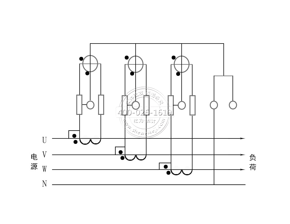 三相四线电能表电流互感器接线（电流、电压线共用）