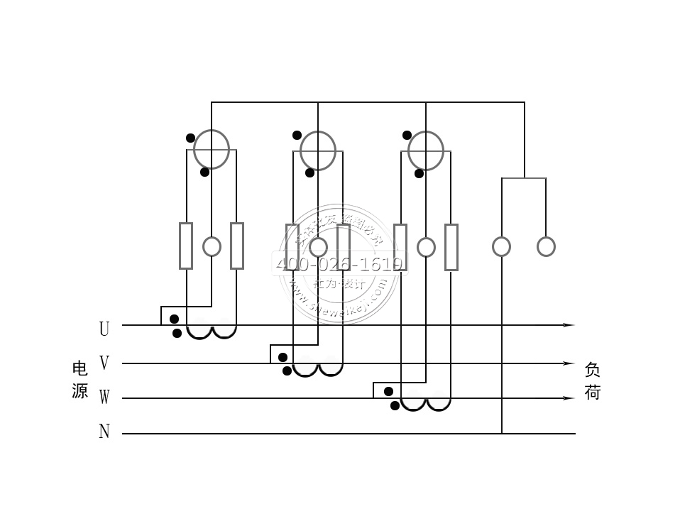 三相四线电能表经电流互感器接线（电流、电压线分开）